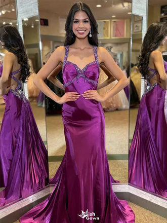 Unique Purple Spaghetti Strap Mermaid Side Slit Long Prom Dress Ideas, Evening Party Dresses, WGP2017