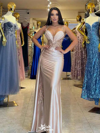 Sexy Spaghetti Strap Sleeveless Lace Mermaid Long Prom Dress Ideas, Evening Party Dresses , WGP1898