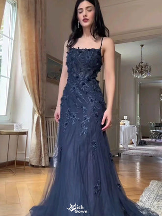 Unique Navy Blue Spaghetti Strap Mermaid Long Prom Dress Ideas, Evening Party Dresses,WGP1634