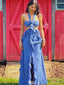 Sexy Blue Halter Strap A-Line Long Prom Dress Ideas, Evening Party Dresses,WGP1616
