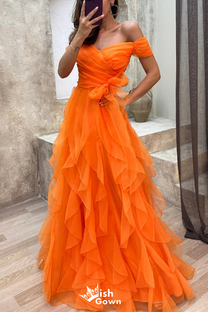 Elegant Orange Off Shoulder A-line Long Party Dress Prom Dresses,WGP987