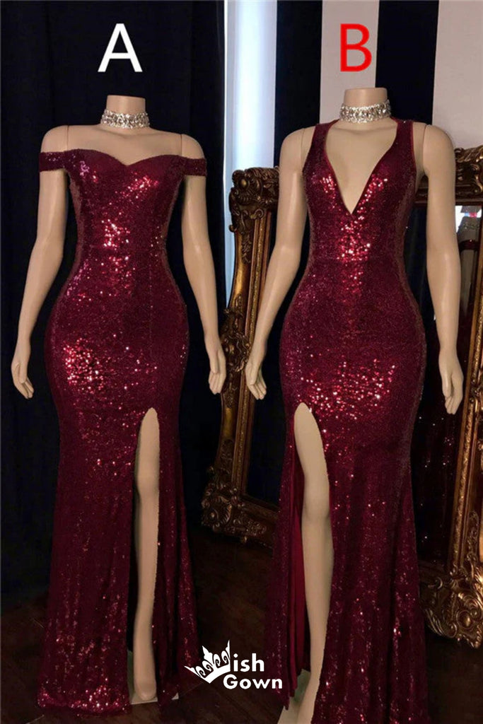 Sexy Wine Side Slit Mermaid Party Dress Long Prom Dresses to Impress, WGP957