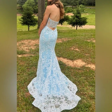 Elegant Blue Sweetheart Mermaid Lace Side Slit Long Prom Dress Ideas, Evening Party Dresses , WGP1865