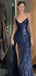Shiny Blue Spaghetti Strap Mermaid Side Slit Long Prom Dress Ideas, Evening Party Dresses , WGP1580