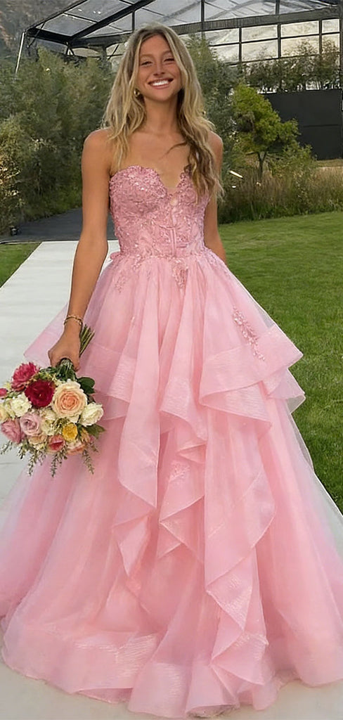 Unique Pink Tiered Tulle Ball Gown Strapless Applique Formal Prom Dress,WGP2146