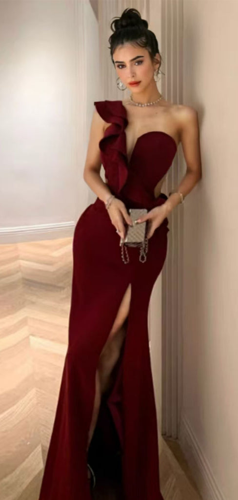 Elegant Red One-Shoulder Sleeveless Mermaid Side Slit Long Prom Dress Ideas, Evening Party Dresses , WGP1569