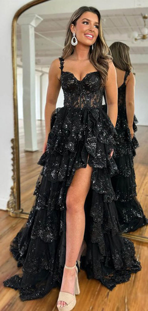 Sexy Black Spaghetti Strap High Low Long Prom Dress Ideas, Evening Party Dresses, WGP1593