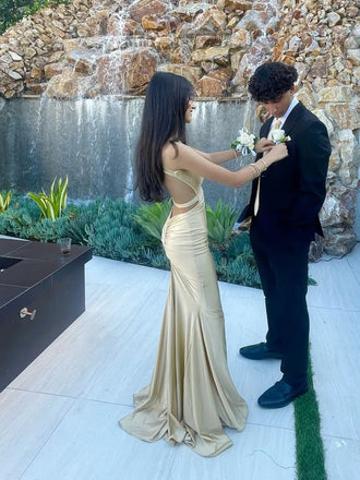 Elegant Champagne Satin Formal Evening Gown Slim Fit Mermaid Style Sleeveless Prom Dress,WGP2098