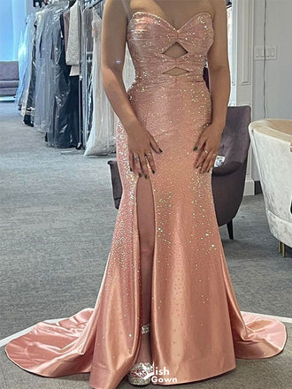 Sparkly Pink Sweetheart Mermaid Side Slit Long Prom Dress Ideas, Evening Party Dresses,WGP1871