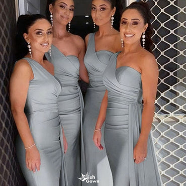 Elegant Gray One-Shoulder Sleeveless Mermaid Side Slit Long Bridesmaid Dresses Online , WGM414
