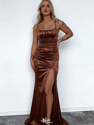 Elegant Brown Satin Prom Dress Sexy Ruched Bust Sleeveless High Slit Long Gown,WGP2070