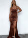 Elegant Brown Satin Prom Dress Sexy Ruched Bust Sleeveless High Slit Long Gown,WGP2070