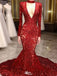 Sexy Red V-Neck Long Sleeve Mermaid Long Prom Dress Ideas, Evening Party Dresses,WGP1854