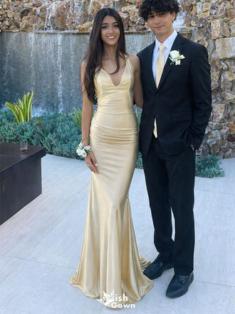 Elegant Champagne Satin Formal Evening Gown Slim Fit Mermaid Style Sleeveless Prom Dress,WGP2098