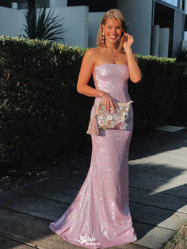 Sparkly Pink Sequin Bodycon Prom Dress Strapless Floor Length Party Gown,WGP2139
