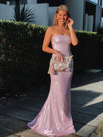 Sparkly Pink Sequin Bodycon Prom Dress Strapless Floor Length Party Gown,WGP2139