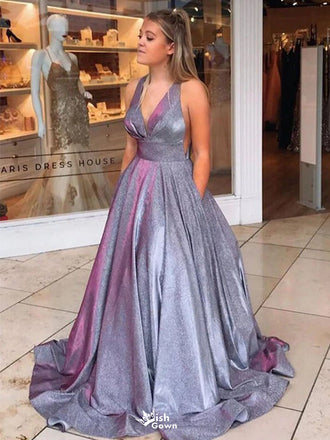 Gorgeous Blue V-Neck A-Line Long Prom Dress Ideas, Evening Party Dresses,WGP1643