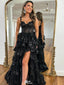 Sexy Black Spaghetti Strap High Low Long Prom Dress Ideas, Evening Party Dresses, WGP1593
