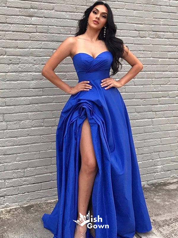 Charming Blue Strapless Sweetheart Lace up Back Side Slit Long Party Dress Prom Dresses,Evening Dress Online, WGP902