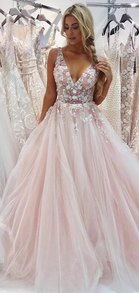 Elegant Pink A-Line V-Neck Lace Popular Long Evening Dresses, Formal Dresses, Birthday Party, WGP592