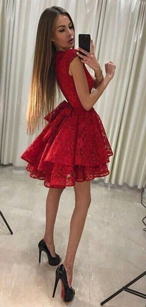 Gorgeous Red Lace Sleeveless A-Line Popular Cheap Short Homecoming Dresses, EPT204