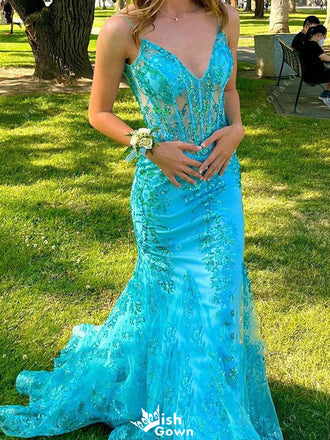 Sexy V-neck Spaghetti Strap Lace Mermaid Long Prom Dress Ideas, Evening Party Dresses,WGP1388