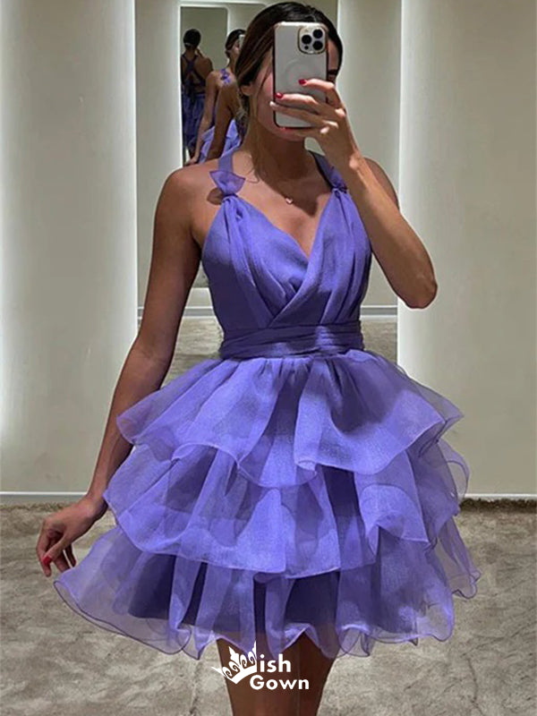 Elegant Purple V-Neck Criss Cross Popular Cheap Short Homecoming Dresses, EPT202