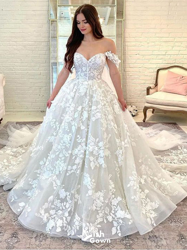 Romantic Off-shoulder Sweetheart Sleeveless With Trailing Flower Lace Popular Bridal Long Wedding Dresses, WDH150