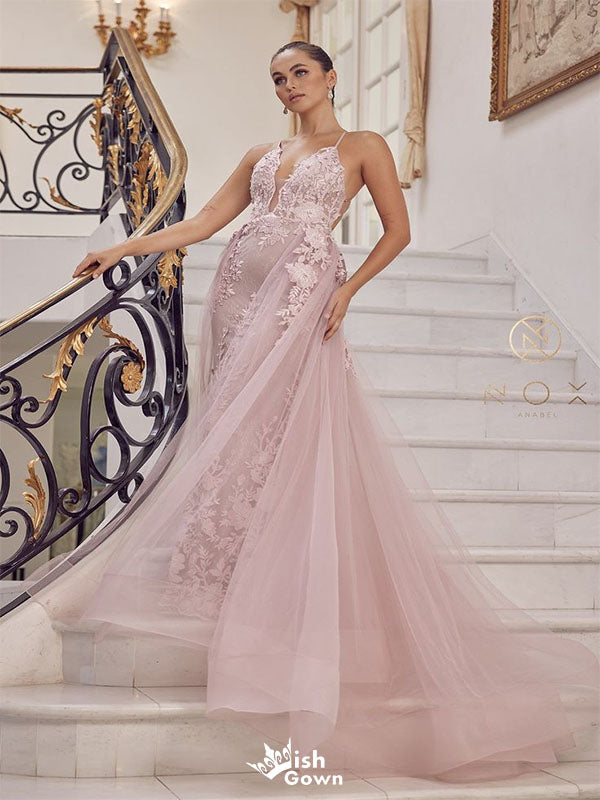 Sexy Pink Mermaid V Neck Halter Appliques Lace Up Long Formal Prom Gowns,Evening Dresses,WGP359