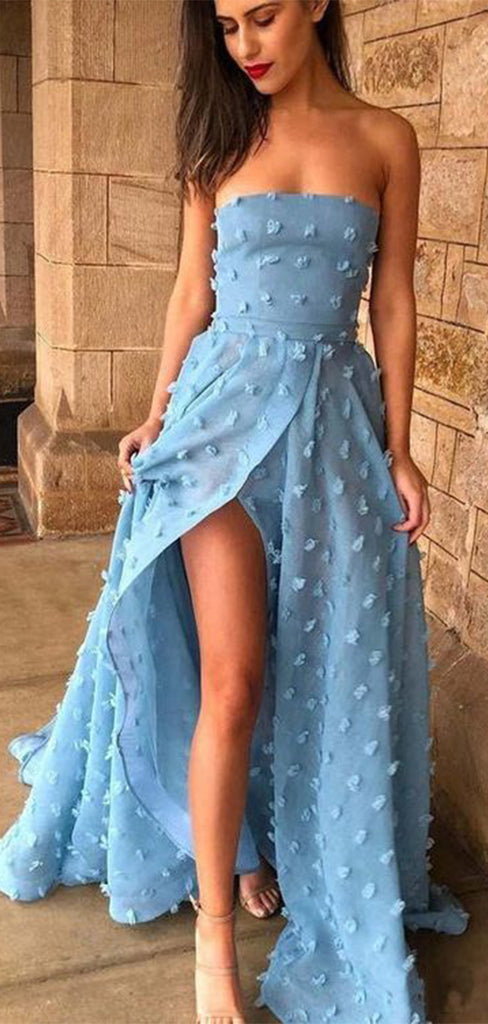 Elegant Baby Blue A-Line Strapless Side Slit Popular Long Evening Dresses, Formal Dresses, Birthday Party, WGP613