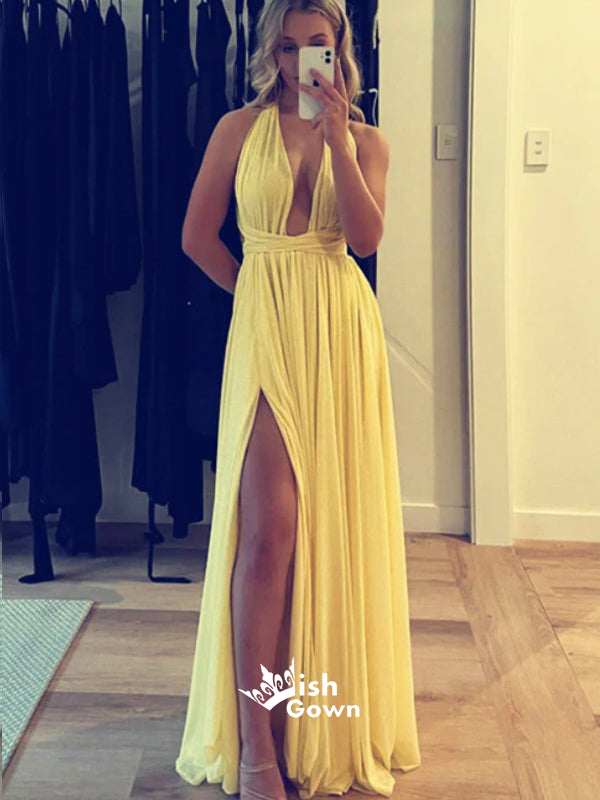 Sexy Yellow Plunging A-line Party Prom Dresses,Evening Dress Online with Slits , WGP875