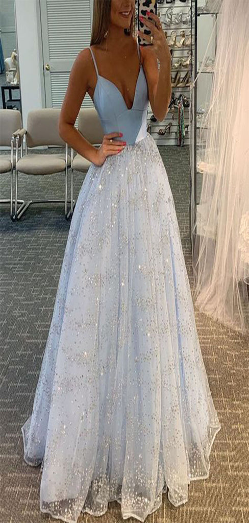 Elegant Blue A-Line V Neck Spaghetti Straps Sequins Long Maxi Prom Gowns,Evening Dresses,WGP361