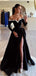 Sexy Black A-Line V Neck Side Slit Beading Long Maxi Prom Dresses,Evening Gowns,WGP374