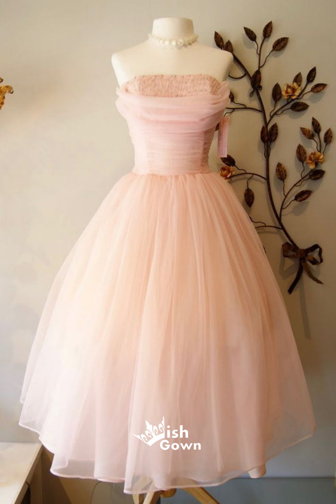 Elegant Light Pink Strapless Beaded Kneel Length Long Party Dress Prom Dresses,Evening Dress Online, WGP878