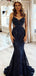 Sexy Navy Sequin Mermaid Prom Dress Sheer Side Cutout Formal Gown,WGP2147