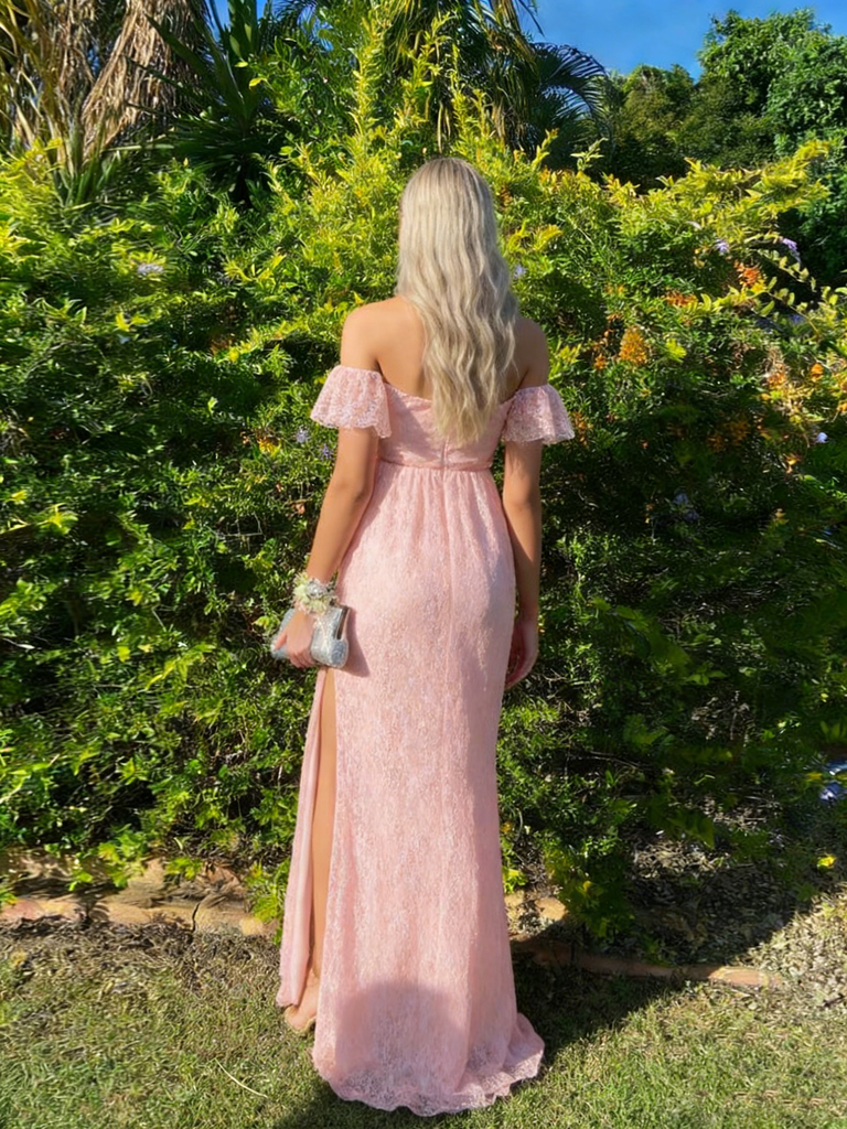 Elegant Pink Sweetheart Short Sleeve Lace Prom Dress with High Side Slit,WGP2153