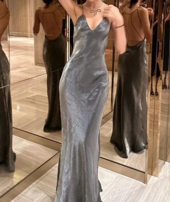 Elegant Gray Spaghetti Strap Mermaid Long Prom Dress Ideas, Evening Party Dresses,WGP1705