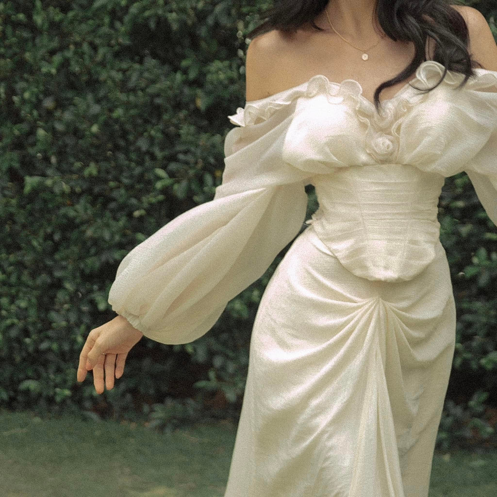 Unique Floral White V-Neck Long Sleeve Long Prom Dress Ideas, Evening Party Dresses,WGP1816