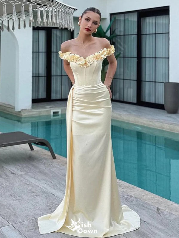 Elegant Yellow Floral Off-Shoulder Mermaid Long Prom Dress Ideas, Evening Party Dresses ,WGP1605