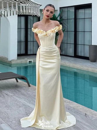 Elegant Yellow Floral Off-Shoulder Mermaid Long Prom Dress Ideas, Evening Party Dresses ,WGP1605