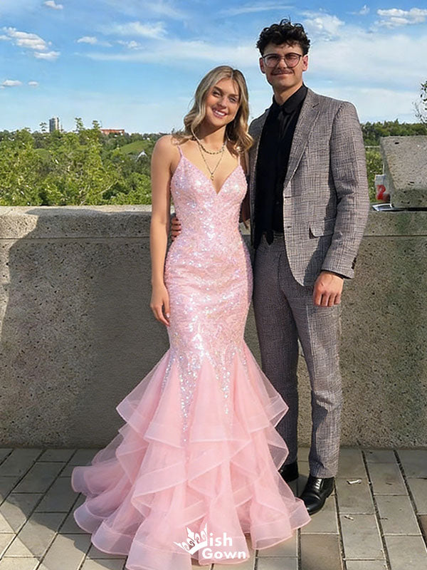 Sexy Pink Sequin Mermaid Prom Dress with Ruffled Tulle Bottom and V-Neck Sparkly Gown,WGP2099
