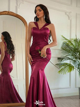 Unique Burgundy V-Neck Mermaid Side Slit Long Prom Dress Ideas, Evening Party Dresses,WGP1965