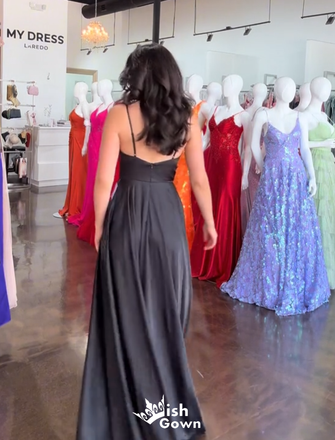 Elegant Black Spaghetti Straps V Neck A-line Long Prom Dresses ,WGP1046