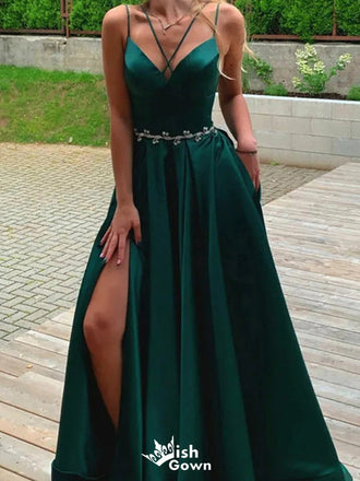 Elegant Spaghetti Strap V-neck A-line Long Prom Dress Ideas, Evening Party Dresses,WGP1488