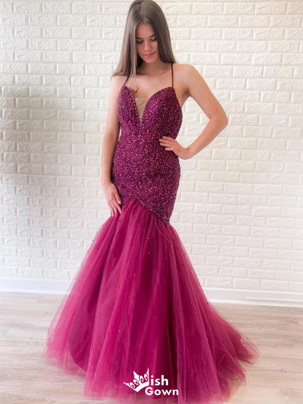 Elegant Purple Mermaid Spaghetti Strap Criss Cross Popular Long Evening Dresses, Formal Dresses, Birthday Party, WGP639