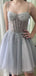 Elegant Gray Spaghetti Strap Lace Sleeveless Popular Cheap Short Homecoming Dresses, Birthday Party EPT213