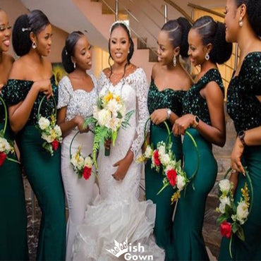 Elegant Green Mermaid Off-Shoulder Sleeveless Wedding Guest Bridesmaid Dresses,WGM364