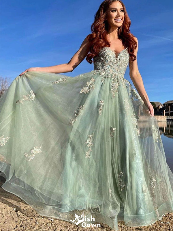 Elegant Green Sweetheart Lace Long Sleeve Popular Long Evening Dresses, Formal Dresses, Birthday Party, WGP645