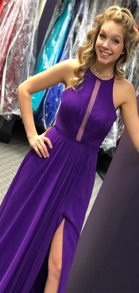 Elegant Purple A-Line Halter Side Slit Long Sleeve Popular Long Evening Dresses, Formal Dresses, Birthday Party, WGP652