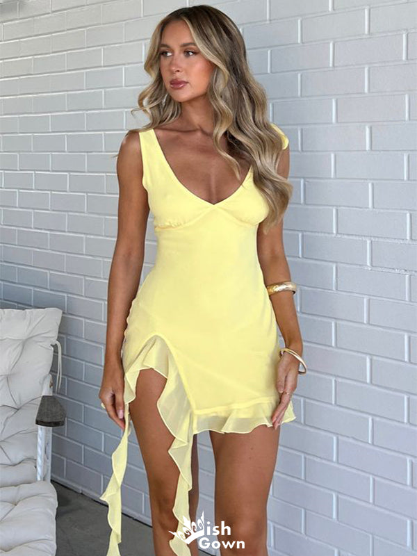 Sexy Yellow Scoop Tight Sleeveless Popular Cheap Short Homecoming Dresses, Birthday Party EPT224